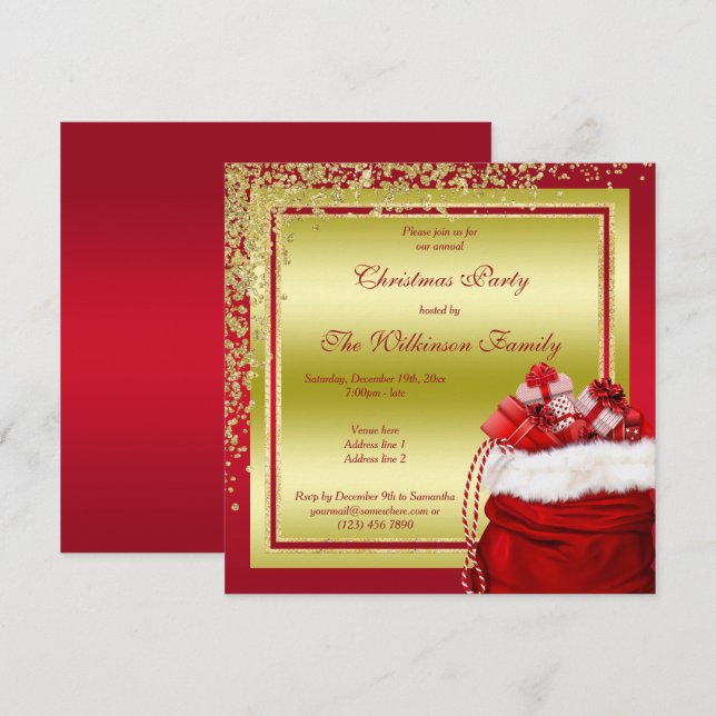 Glitzy Gold Confetti & Santa`s Gifts Christmas Invitation (Front/Back)