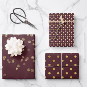 Glitzy Gold Glam Burgundy Dots Wrapping Paper Sheet