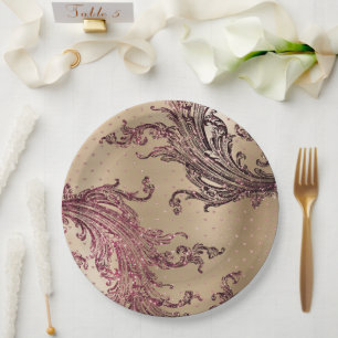 Glitzy Gold Glam Burgundy Hearts Bridal Shower Paper Plate