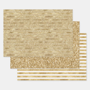 Glitzy Gold Glam Glitter Stripes Wrapping Paper Sheet