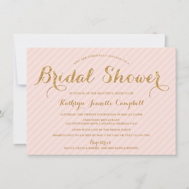 Glitzy Gold Glitter Bridal Shower Invite - Blush (Front)
