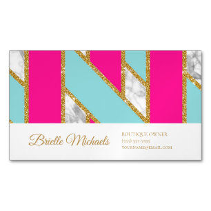 Glitzy Gold Glitter Pink Blue Stripes and Marble Magnetic Business Card