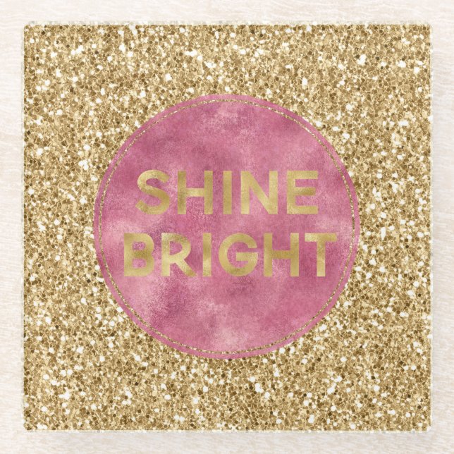 Glitzy Gold Glitter Pink Shine Glass Coaster (Front)