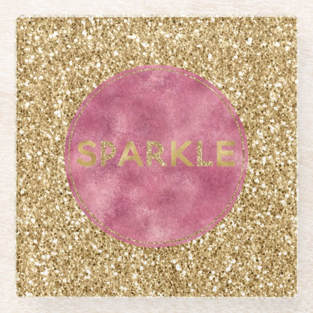 Glitzy Gold Glitter Pink Sparkle Glass Coaster (Front)
