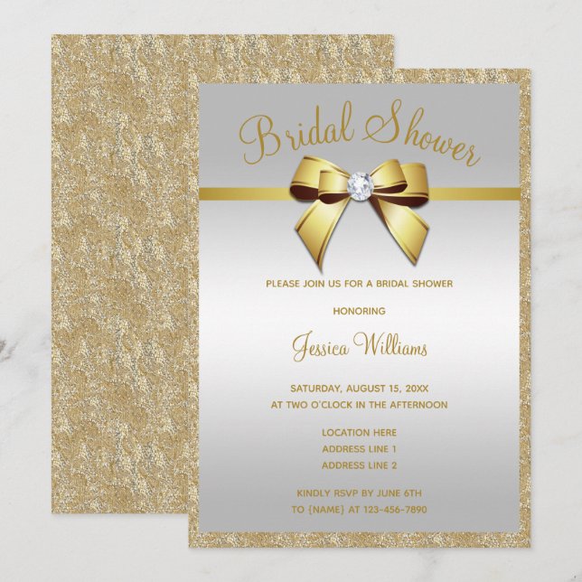 Glitzy Gold Glitters & Gem Bow Bridal Shower Invitation (Front/Back)