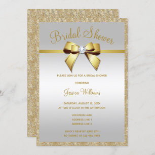 Glitzy Gold Glitters & Gem Bow Bridal Shower Invitation