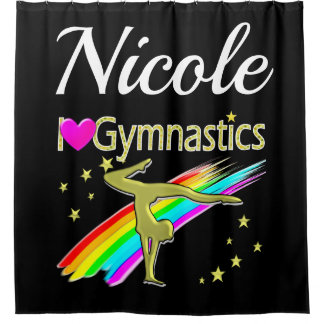 GLITZY GOLD I LOVE GYMNASTICS CUSTOMIZED DESIGN SHOWER CURTAIN