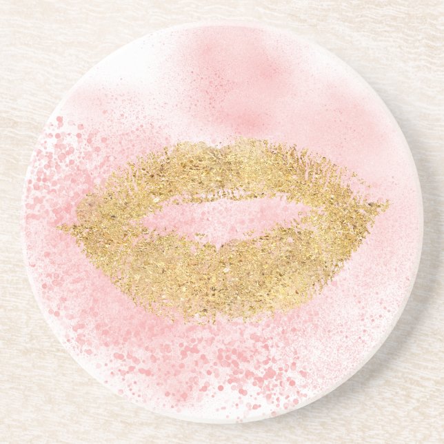 Glitzy Gold Lips Pink Confetti Kiss Coaster (Front)
