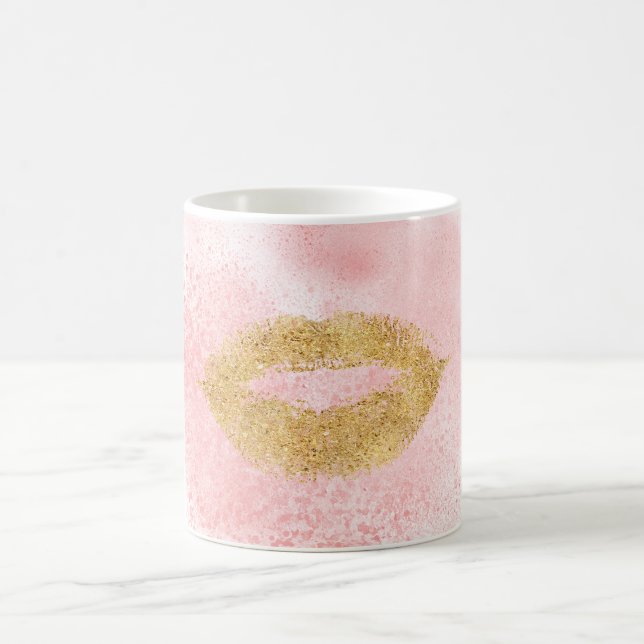 Glitzy Gold Lips Pink Confetti Kiss Coffee Mug (Center)