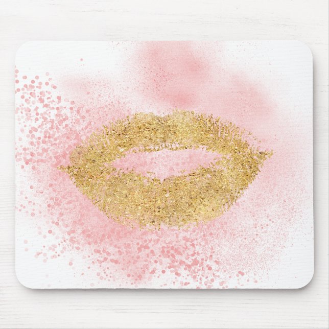 Glitzy Gold Lips Pink Confetti Kiss Mouse Mat (Front)