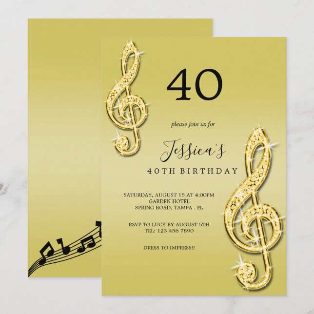 Glitzy Gold Music Notes Birthday Invitation (Front/Back)