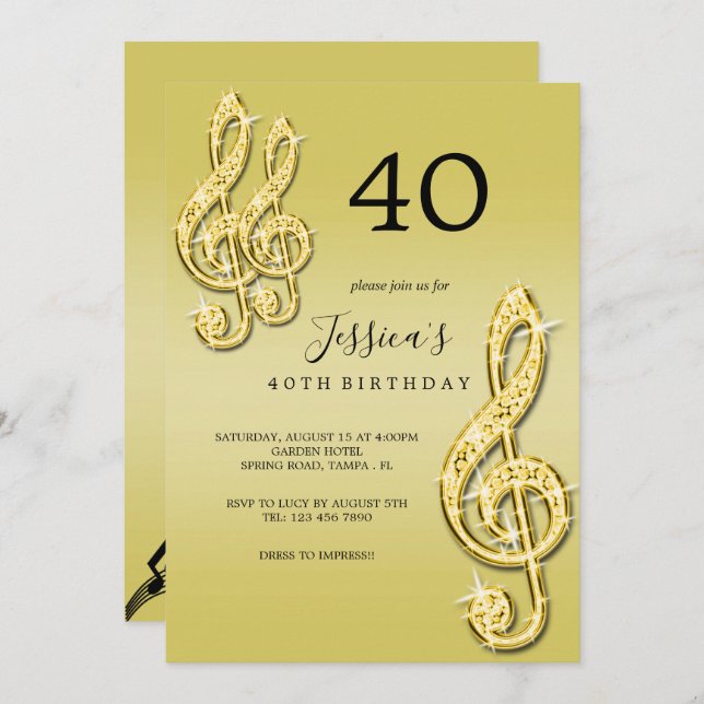 Glitzy Gold Music Notes Birthday Invitation (Front/Back)