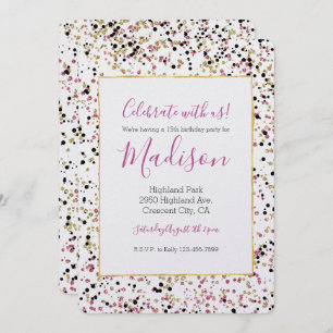 Glitzy Gold Pink Black Confetti Dots Birthday Invitation