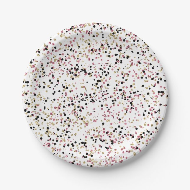 Glitzy Gold Pink Black Confetti Dots Birthday Paper Plate (Front)