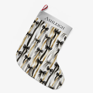 Glitzy Gold Silver Black Ribbons Bows Christmas Large Christmas Stocking
