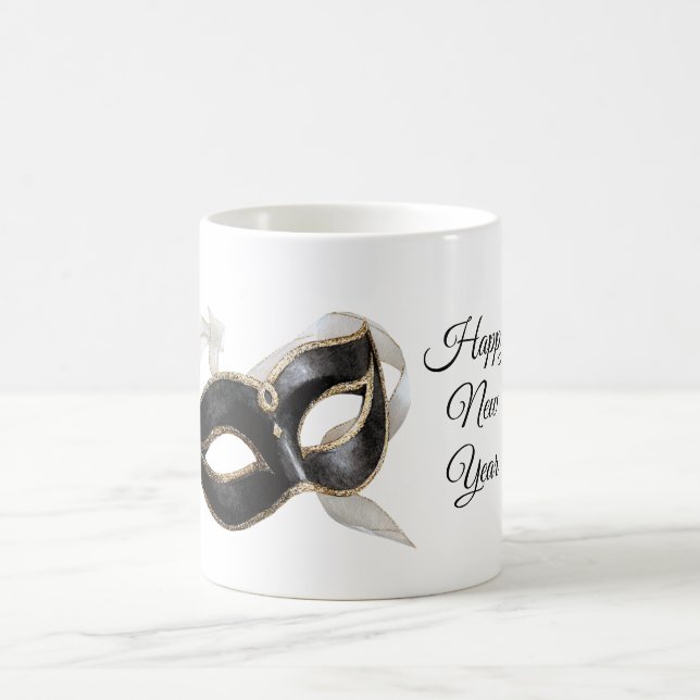 Glitzy Gold Silver New Year Black Mask Coffee Mug (Center)