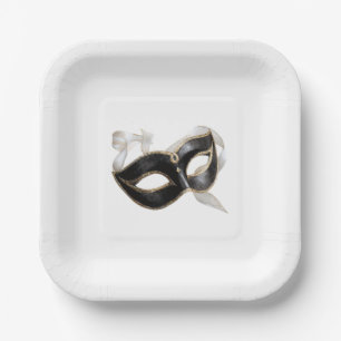 Glitzy Gold Silver New Year Black Mask Paper Plate
