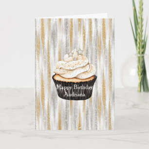 Glitzy Gold Silver Stars Cupcake Birthday Card