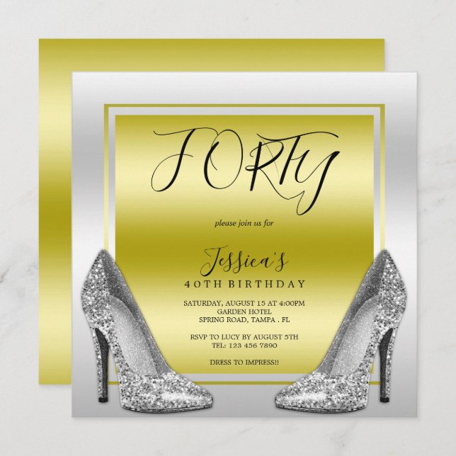 Glitzy Gold & Silver Stilettos 40th Birthday Invitation (Front/Back)