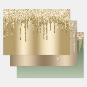 Glitzy Gold Sparkle Glitter Drips Birthday Wrapping Paper Sheet