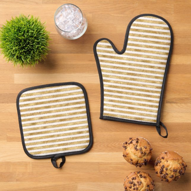 Glitzy Gold White Glam Glitter Sparkle Stripes     Oven Mitt & Pot Holder Set (Top Down)