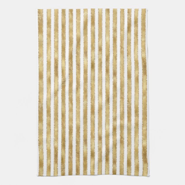 Glitzy Gold White Glam Glitter Sparkle Stripes     Tea Towel (Vertical)