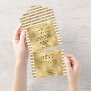Glitzy Gold White Glam Glitter Stripes All In One Invitation