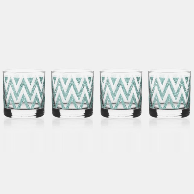 Glitzy Green Chevron Stripes Christmas Whiskey Glass (Front)