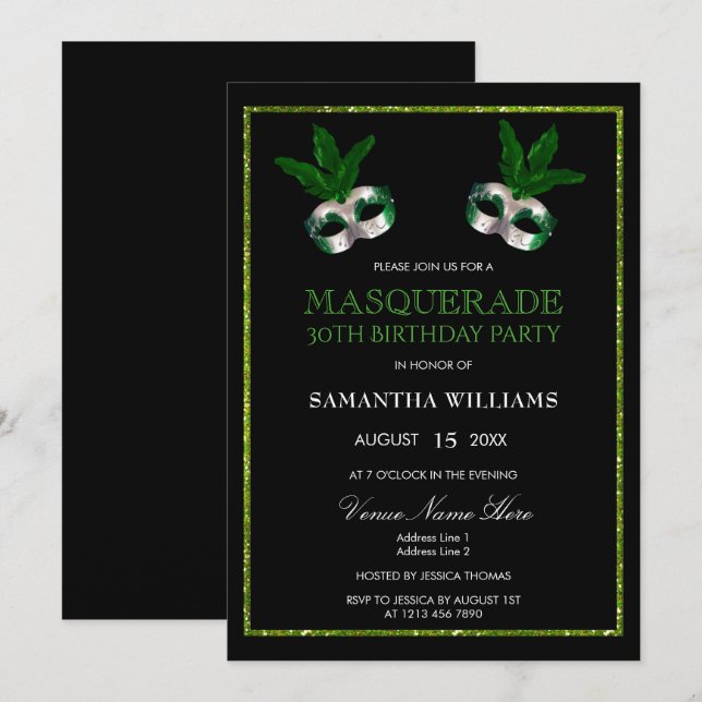 Glitzy Green Glitters Masquerade 30th Birthday Invitation (Front/Back)