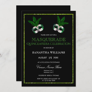 Glitzy Green Glitters Masquerade Quinceañera Invitation