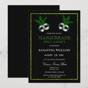 Glitzy Green Glitters Masquerade Sweet 16 Invitation