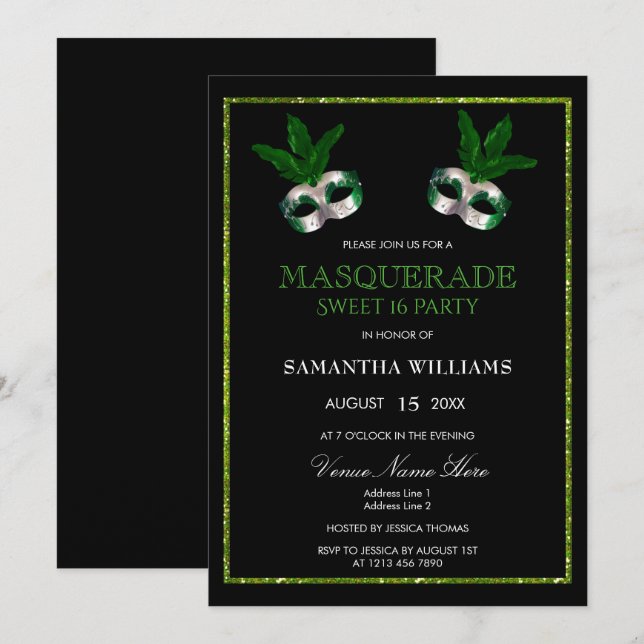 Glitzy Green Glitters Masquerade Sweet 16 Invitation (Front/Back)