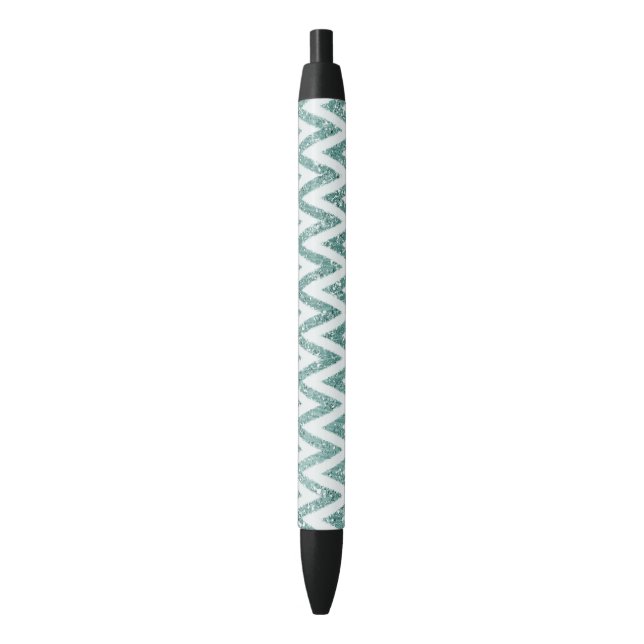 Glitzy Green White Chevron Stripes Christmas Black Ink Pen (Front Vertical)