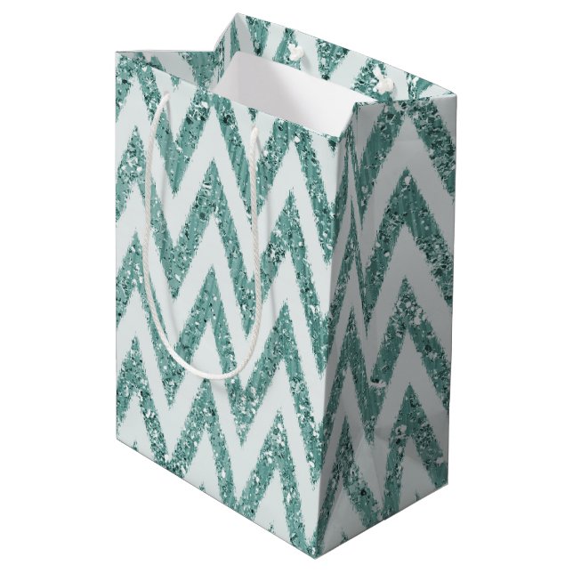 Glitzy Green White Chevron Stripes Christmas Medium Gift Bag (Back Angled)