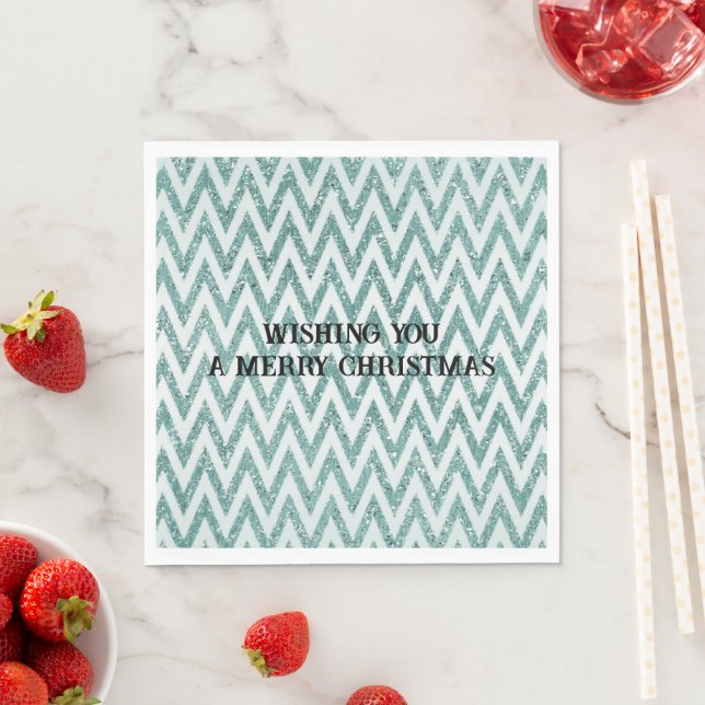 Glitzy Green White Chevron Stripes Christmas Napkin (Insitu)