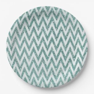 Glitzy Green White Chevron Stripes Christmas Paper Plate