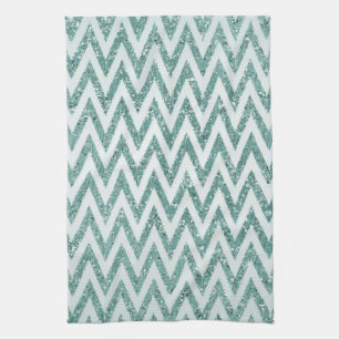 Glitzy Green White Chevron Stripes Christmas Tea Towel