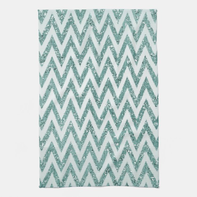 Glitzy Green White Chevron Stripes Christmas Tea Towel (Vertical)