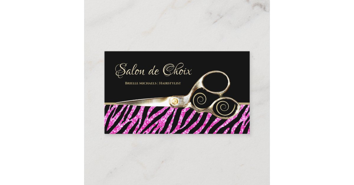 Glitzy Hot Pink Zebra Print Gold Scissors Salon Business Card Zazzle Co Uk