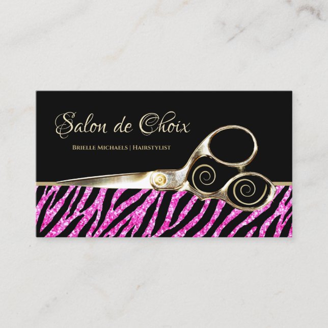 Glitzy Hot Pink Zebra Print Gold Scissors Salon Business Card (Front)
