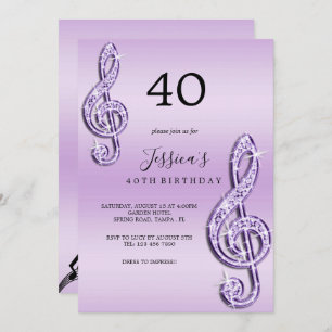Glitzy Lilac Music Notes Birthday Invitation