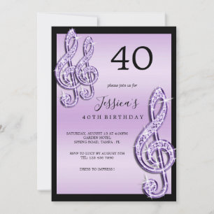 Glitzy Lilac Music Notes Birthday Invitation
