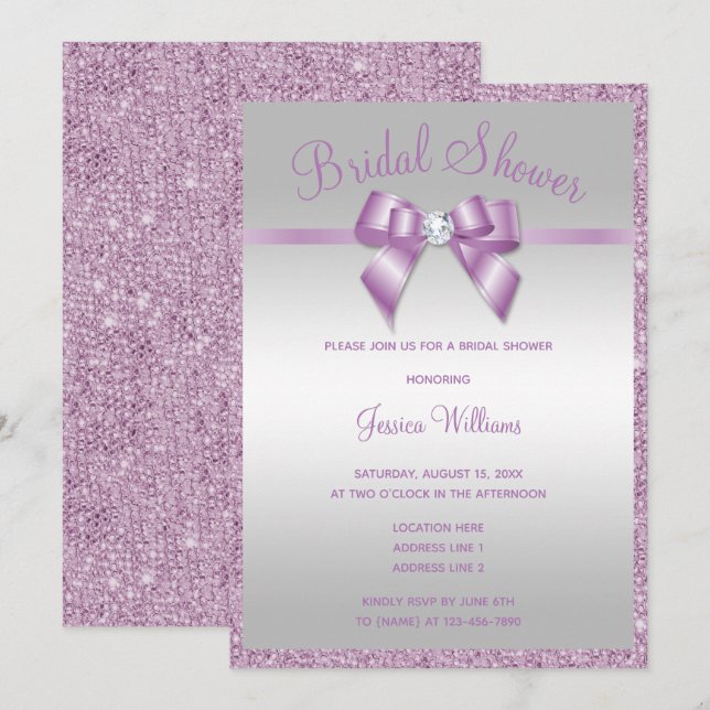 Glitzy Lilac Sequins & Gem Bow Bridal Shower Invitation (Front/Back)