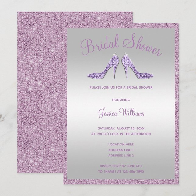 Glitzy Lilac Sequins & Stilettos Bridal Shower Invitation (Front/Back)