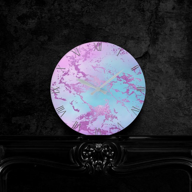 Glitzy Marble | Girly Glam Pink Blue Purple Ombre Round Clock (Creator Uploaded)
