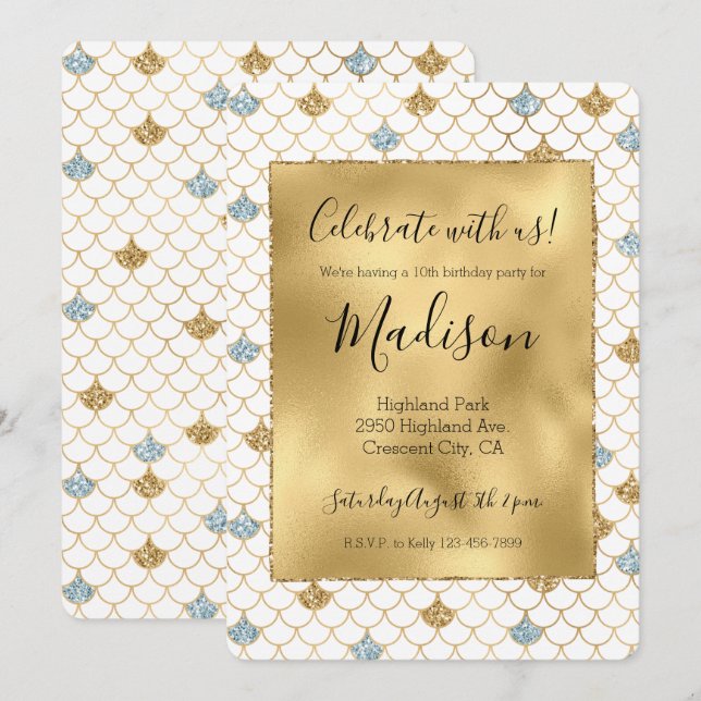 Glitzy Mermaid Blue Gold Sparkle Glitter Invitation (Front/Back)