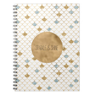 Glitzy Mermaid Blue Gold Sparkle Glitter Notebook