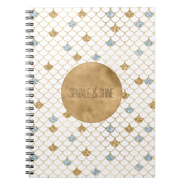 Glitzy Mermaid Blue Gold Sparkle Glitter Notebook (Front)
