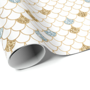 Glitzy Mermaid Blue Gold Sparkle Glitter Wrapping Paper