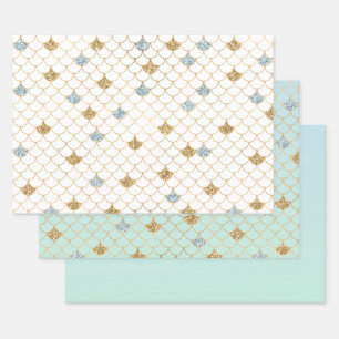 Glitzy Mermaid Blue Gold Sparkle Glitter Wrapping Paper Sheet
